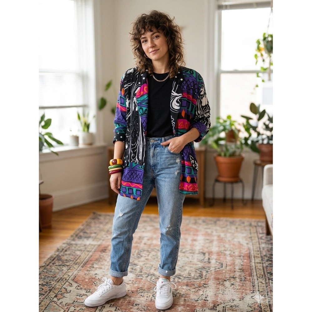 Faith Vintage Oversized Blazer Womens Large Multicolor Sequin Beaded 80s Style